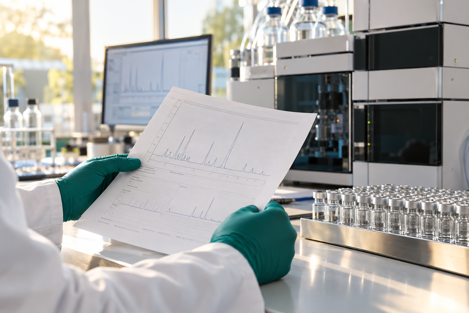 Illustrative image of a generic analytical report being reviewed beside unlabeled laboratory samples